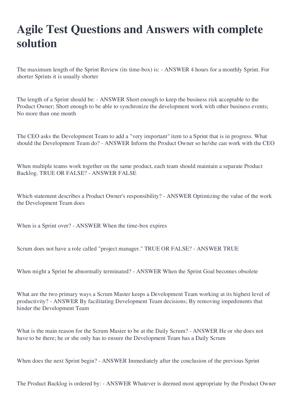Preview image for Agile Test Questions and Answers with complete solution